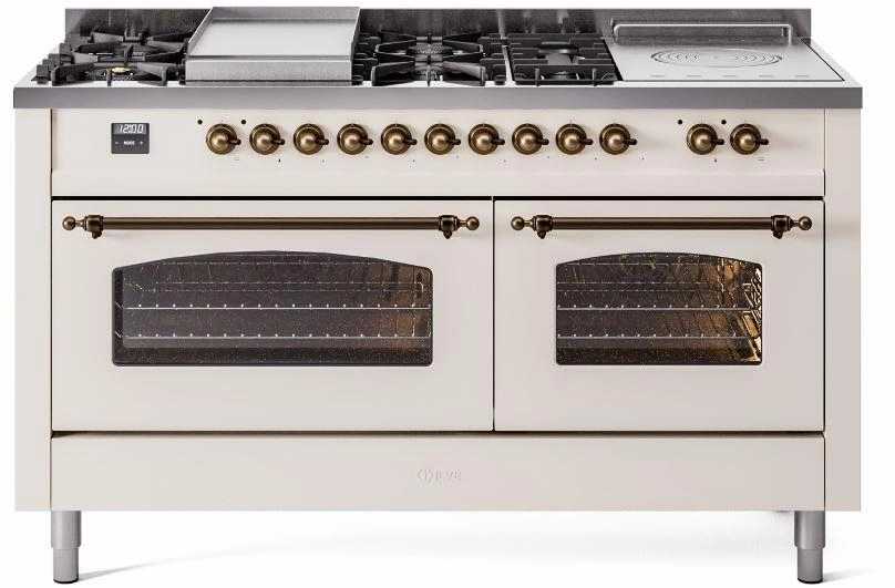 Ilve UP60FSNMPAWBLP Nostalgie Ii 60 Inch Dual Fuel Liquid Propane Freestanding Range In Antique White With Bronze Trim Freestanding Ranges freestanding dual fuel range 30 inch