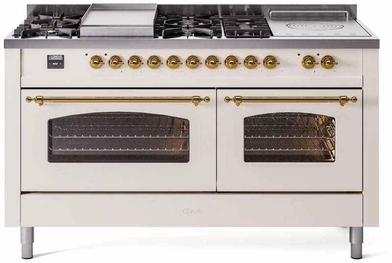 Ilve UP60FSNMPAWG Nostalgie Ii 60 Inch Dual Fuel Natural Gas Freestanding Range In Antique White With Brass Trim Freestanding Ranges freestanding dual fuel range 30 inch