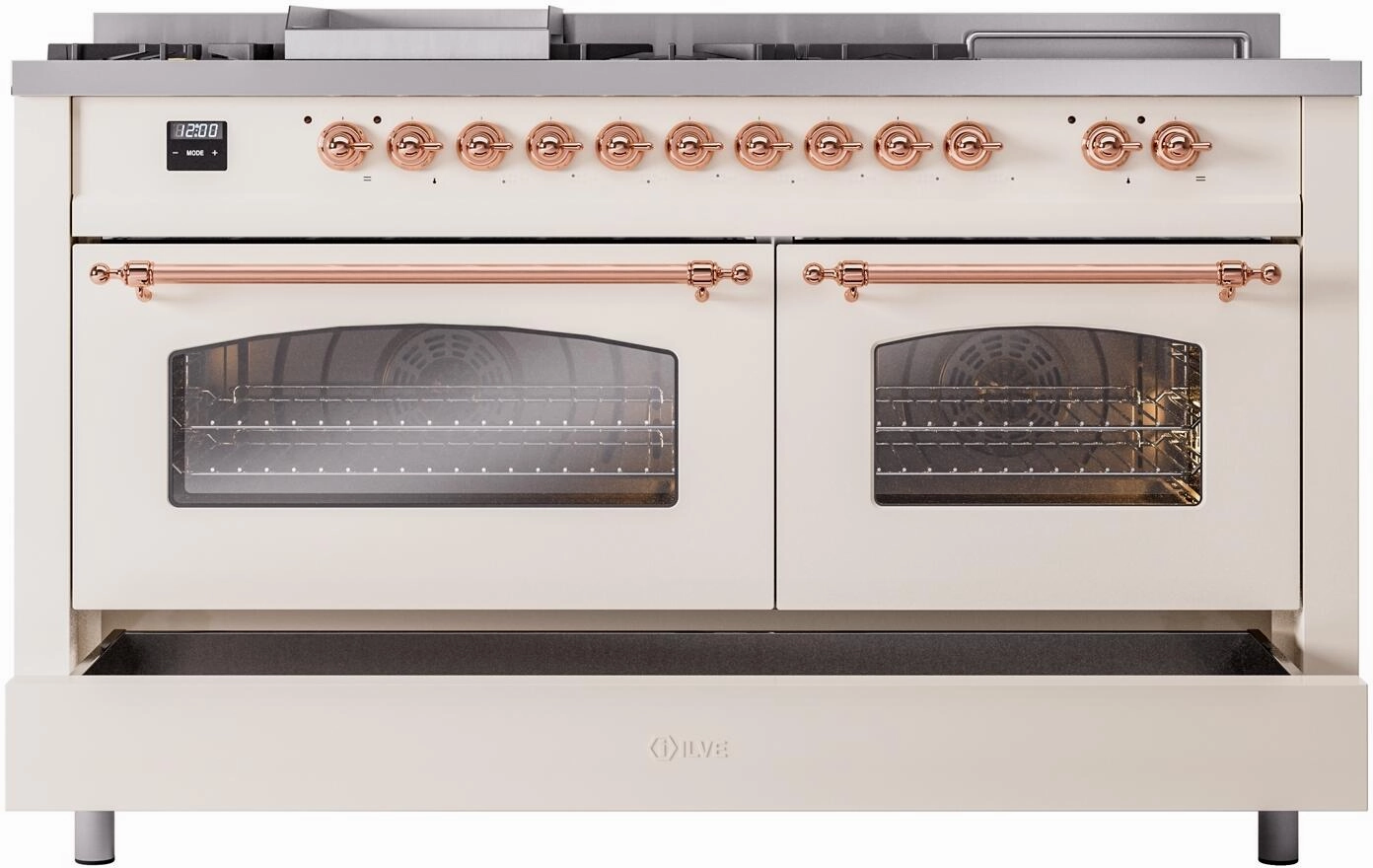 Ilve UP60FSNMPAWPLP Nostalgie Ii 60 Inch Dual Fuel Liquid Propane Freestanding Range In Antique White With Copper Trim