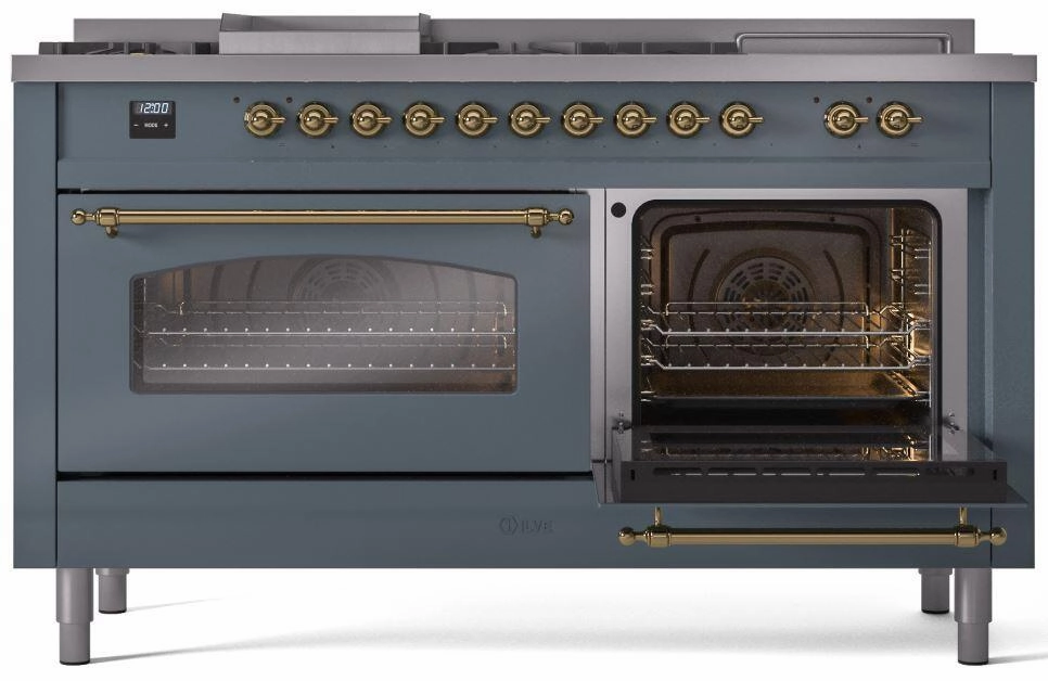 Ilve UP60FSNMPBGG Nostalgie Ii 60 Inch Dual Fuel Natural Gas Freestanding Range In Blue Grey With Brass Trim