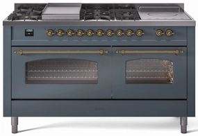 Ilve UP60FSNMPBGG Nostalgie Ii 60 Inch Dual Fuel Natural Gas Freestanding Range In Blue Grey With Brass Trim Freestanding Ranges freestanding dual fuel range 30 inch