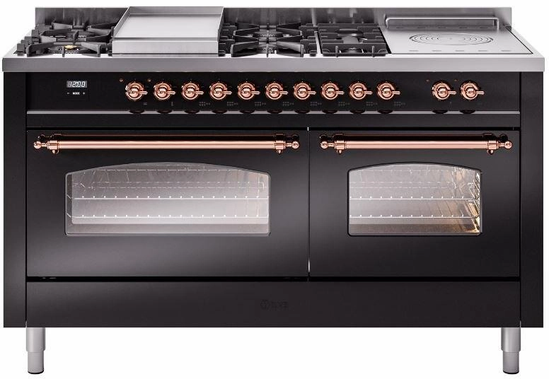 Ilve UP60FSNMPBKP Nostalgie Ii 60 Inch Dual Fuel Natural Gas Freestanding Range In Glossy Black With Copper Trim Freestanding Ranges freestanding dual fuel range 30 inch