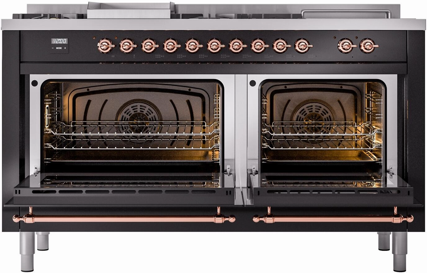 Ilve UP60FSNMPBKP Nostalgie Ii 60 Inch Dual Fuel Natural Gas Freestanding Range In Glossy Black With Copper Trim