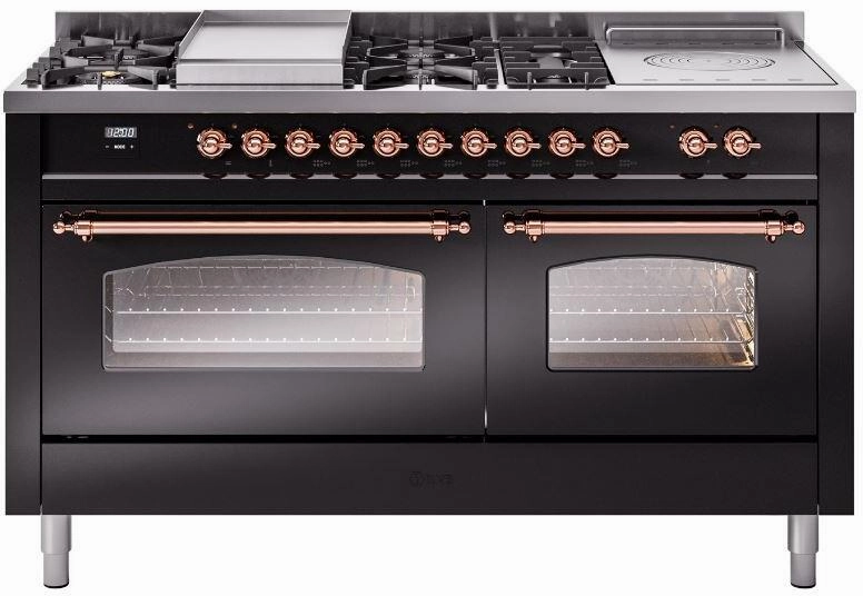 Ilve UP60FSNMPBKPLP Nostalgie Ii 60 Inch Dual Fuel Liquid Propane Freestanding Range In Glossy Black With Copper Trim Freestanding Ranges freestanding dual fuel range 30 inch