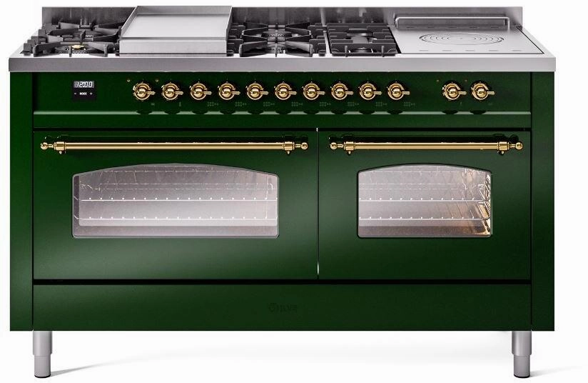 Ilve UP60FSNMPEGG Nostalgie Ii 60 Inch Dual Fuel Natural Gas Freestanding Range In Emerald Green With Brass Trim Freestanding Ranges freestanding dual fuel range 30 inch