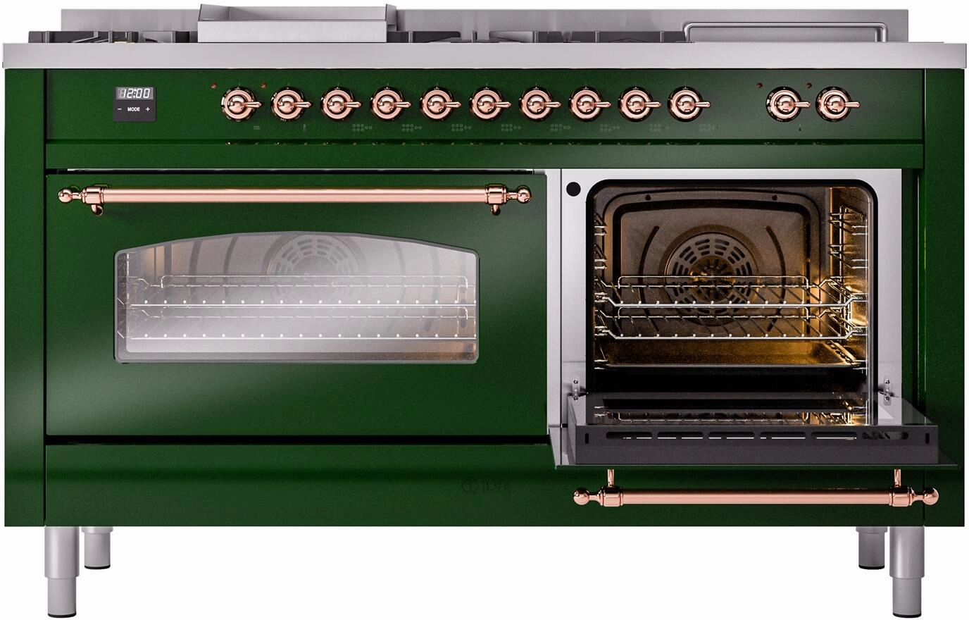 Ilve UP60FSNMPEGPLP Nostalgie Ii 60 Inch Dual Fuel Liquid Propane Freestanding Range In Emerald Green With Copper Trim