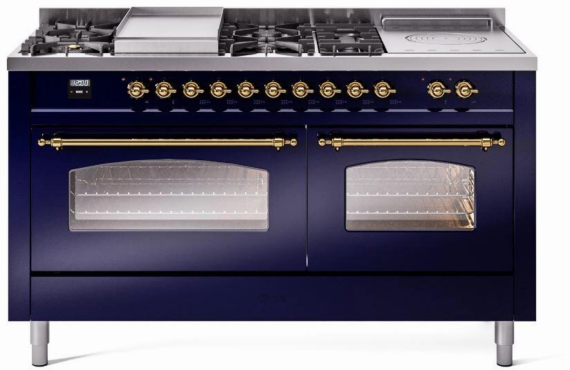 Ilve UP60FSNMPMBG Nostalgie Ii 60 Inch Dual Fuel Natural Gas Freestanding Range In Blue With Brass Trim Freestanding Ranges freestanding dual fuel range 30 inch