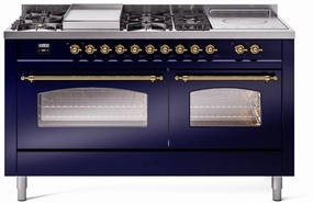 Ilve UP60FSNMPMBG Nostalgie Ii 60 Inch Dual Fuel Natural Gas Freestanding Range In Blue With Brass Trim Freestanding Ranges freestanding dual fuel range 30 inch