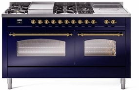 Ilve UP60FSNMPMBGLP Nostalgie Ii 60 Inch Dual Fuel Liquid Propane Freestanding Range In Blue With Brass Trim Freestanding Ranges freestanding dual fuel range 30 inch