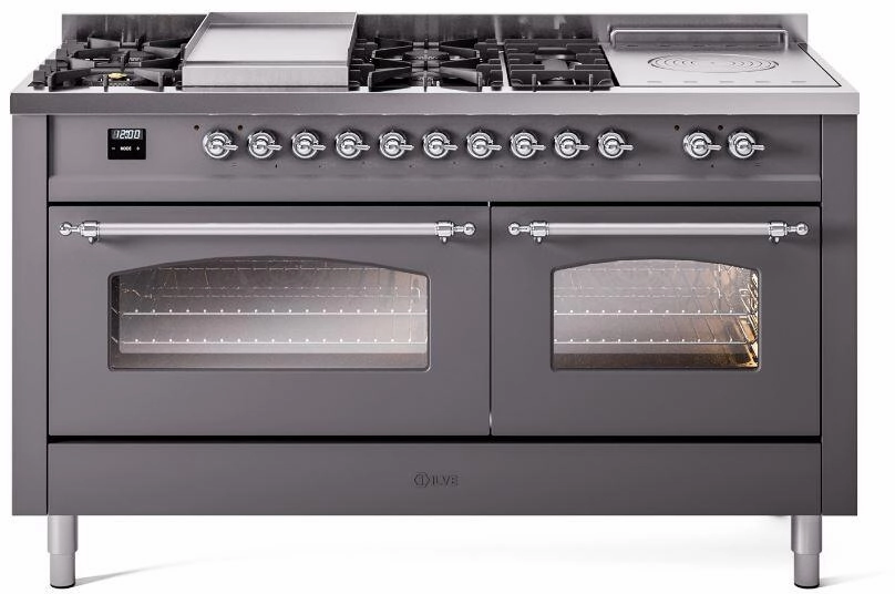 Ilve UP60FSNMPMGCLP Nostalgie Ii 60 Inch Dual Fuel Liquid Propane Freestanding Range In Matte Graphite With Chrome Trim Freestanding Ranges freestanding dual fuel range 30 inch