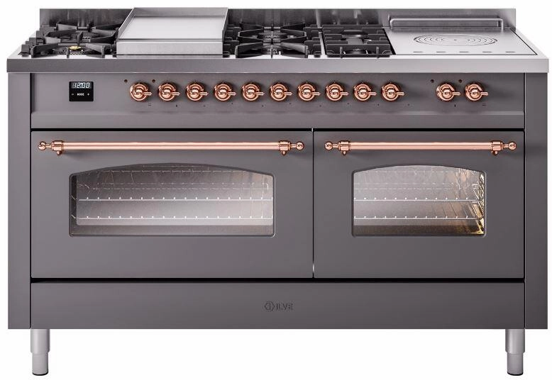 Ilve UP60FSNMPMGPLP Nostalgie Ii 60 Inch Dual Fuel Liquid Propane Freestanding Range In Matte Graphite With Copper Trim Freestanding Ranges freestanding dual fuel range 30 inch