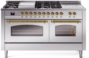 Ilve UP60FSNMPSSG Nostalgie Ii 60 Inch Dual Fuel Natural Gas Freestanding Range In Stainless Steel With Brass Trim Freestanding Ranges freestanding dual fuel range 30 inch