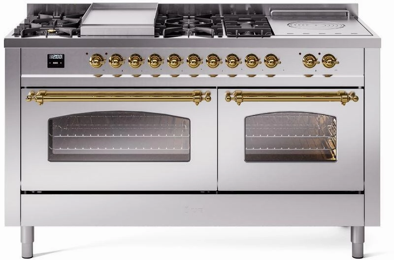Ilve UP60FSNMPSSG Nostalgie Ii 60 Inch Dual Fuel Natural Gas Freestanding Range In Stainless Steel With Brass Trim Freestanding Ranges freestanding dual fuel range 30 inch