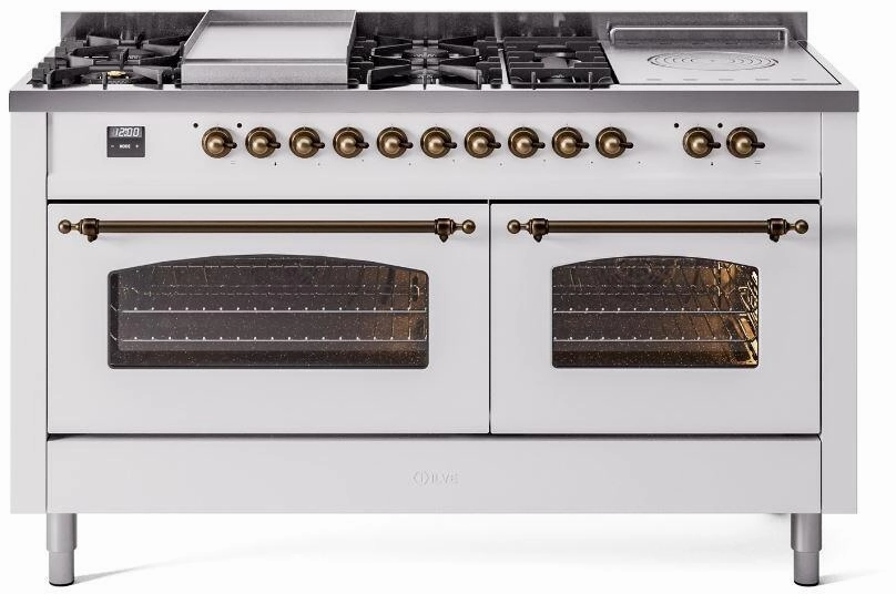 Ilve UP60FSNMPWHBLP Nostalgie Ii 60 Inch Dual Fuel Liquid Propane Freestanding Range In White With Bronze Trim Freestanding Ranges freestanding dual fuel range 30 inch