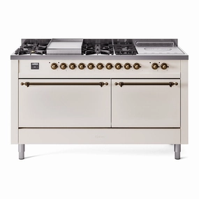 Ilve UP60FSQNMPAWB Nostalgie Ii 60 Inch Dual Fuel Natural Gas Freestanding Range In Antique White With Bronze Trim Freestanding Ranges freestanding dual fuel range 30 inch