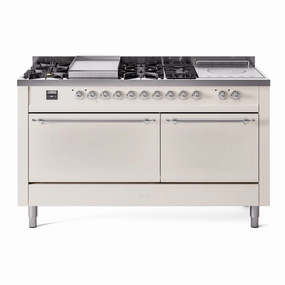 Ilve UP60FSQNMPAWC Nostalgie Ii 60 Inch Dual Fuel Natural Gas Freestanding Range In Antique White With Chrome Trim Freestanding Ranges freestanding dual fuel range 30 inch
