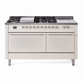 Ilve UP60FSQNMPAWCLP Nostalgie Ii 60 Inch Dual Fuel Liquid Propane Freestanding Range In Antique White With Chrome Trim Freestanding Ranges freestanding dual fuel range 30 inch