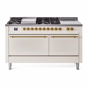 Ilve UP60FSQNMPAWG Nostalgie Ii 60 Inch Dual Fuel Natural Gas Freestanding Range In Antique White With Brass Trim Freestanding Ranges freestanding dual fuel range 30 inch