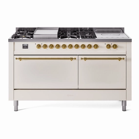 Ilve UP60FSQNMPAWGLP Nostalgie Ii 60 Inch Dual Fuel Liquid Propane Freestanding Range In Antique White With Brass Trim Freestanding Ranges freestanding dual fuel range 30 inch