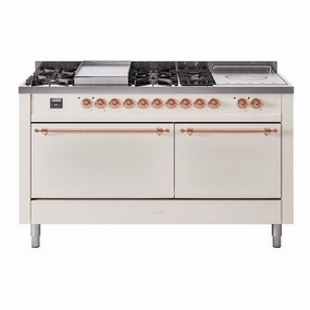 Ilve UP60FSQNMPAWP Nostalgie Ii 60 Inch Dual Fuel Natural Gas Freestanding Range In Antique White With Copper Trim Freestanding Ranges freestanding dual fuel range 30 inch