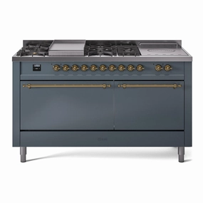 Ilve UP60FSQNMPBGGLP Nostalgie Ii 60 Inch Dual Fuel Liquid Propane Freestanding Range In Blue Grey With Brass Trim Freestanding Ranges freestanding dual fuel range 30 inch