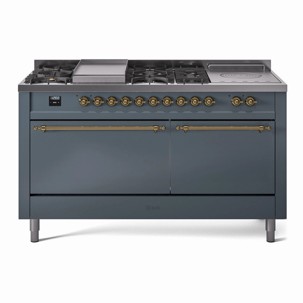 Ilve UP60FSQNMPBGGLP Nostalgie Ii 60 Inch Dual Fuel Liquid Propane Freestanding Range In Blue Grey With Brass Trim Freestanding Ranges freestanding dual fuel range 30 inch