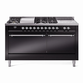 Ilve UP60FSQNMPBKCLP Nostalgie Ii 60 Inch Dual Fuel Liquid Propane Freestanding Range In Glossy Black With Chrome Trim Freestanding Ranges freestanding dual fuel range 30 inch