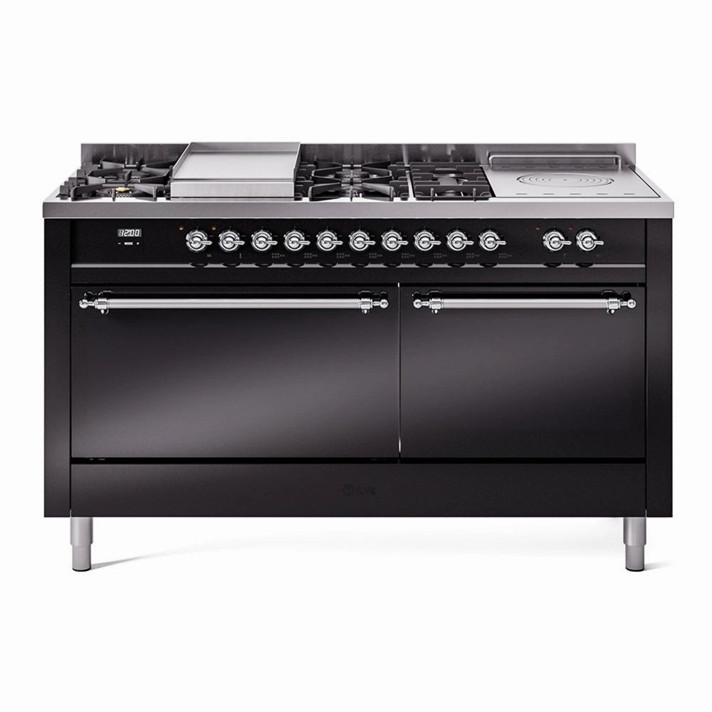 Ilve UP60FSQNMPBKCLP Nostalgie Ii 60 Inch Dual Fuel Liquid Propane Freestanding Range In Glossy Black With Chrome Trim Freestanding Ranges freestanding dual fuel range 30 inch