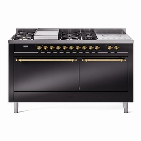 Ilve UP60FSQNMPBKGLP Nostalgie Ii 60 Inch Dual Fuel Liquid Propane Freestanding Range In Glossy Black With Brass Trim Freestanding Ranges freestanding dual fuel range 30 inch