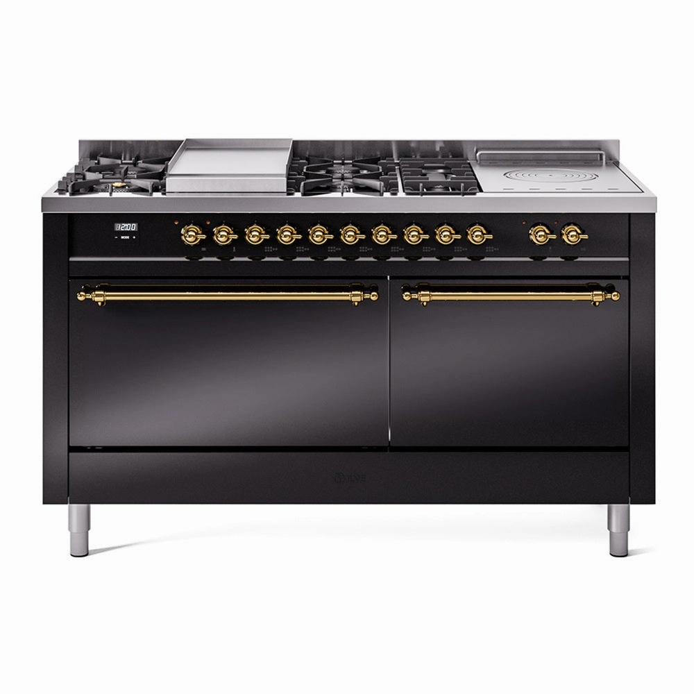 Ilve UP60FSQNMPBKGLP Nostalgie Ii 60 Inch Dual Fuel Liquid Propane Freestanding Range In Glossy Black With Brass Trim Freestanding Ranges freestanding dual fuel range 30 inch