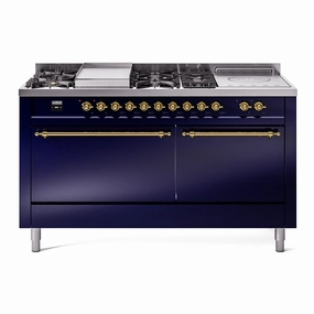 Ilve UP60FSQNMPMBG Nostalgie Ii 60 Inch Dual Fuel Natural Gas Freestanding Range In Blue With Brass Trim Freestanding Ranges freestanding dual fuel range 30 inch