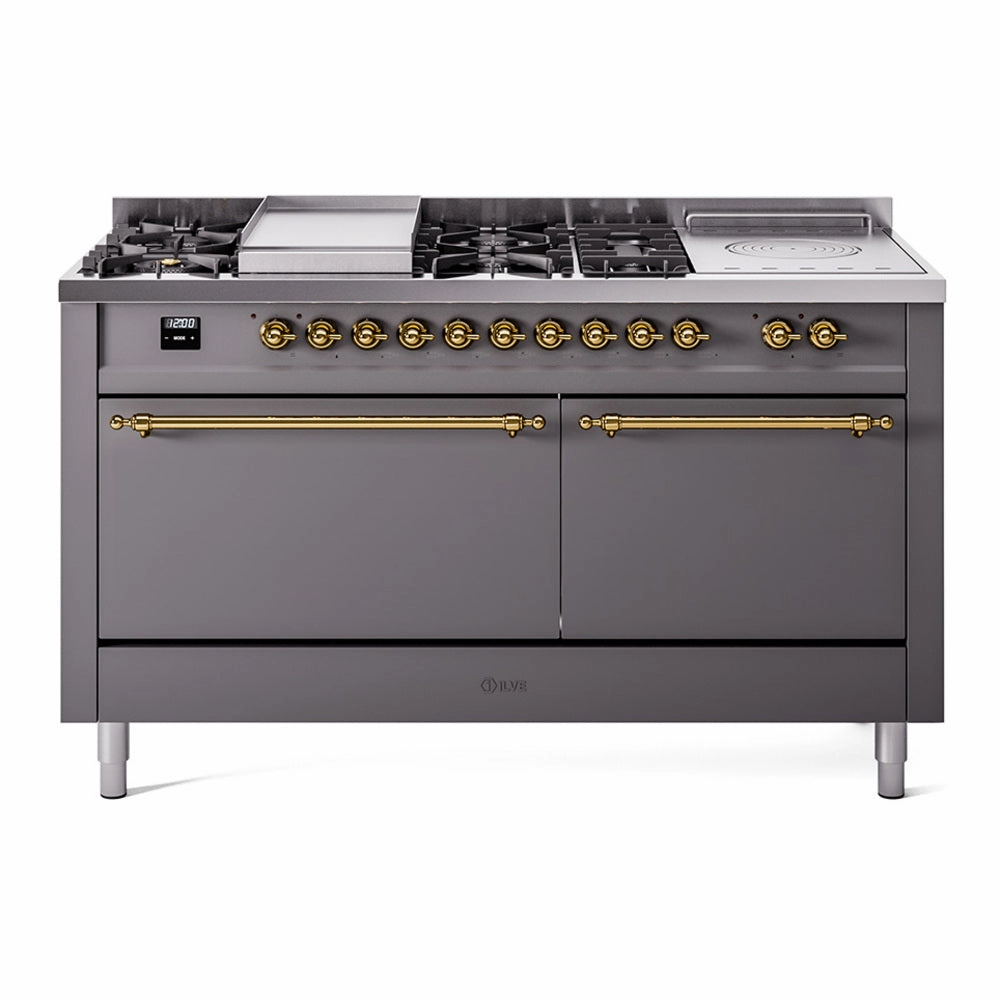 Ilve UP60FSQNMPMGGLP Nostalgie Ii 60 Inch Dual Fuel Liquid Propane Freestanding Range In Matte Graphite With Brass Trim Freestanding Ranges freestanding dual fuel range 30 inch