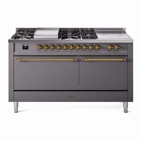 Ilve UP60FSQNMPMGGLP Nostalgie Ii 60 Inch Dual Fuel Liquid Propane Freestanding Range In Matte Graphite With Brass Trim Freestanding Ranges freestanding dual fuel range 30 inch