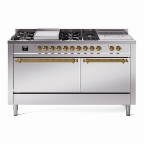 Ilve UP60FSQNMPSSGLP Nostalgie Ii 60 Inch Dual Fuel Liquid Propane Freestanding Range In Stainless Steel With Brass Trim Freestanding Ranges freestanding dual fuel range 30 inch