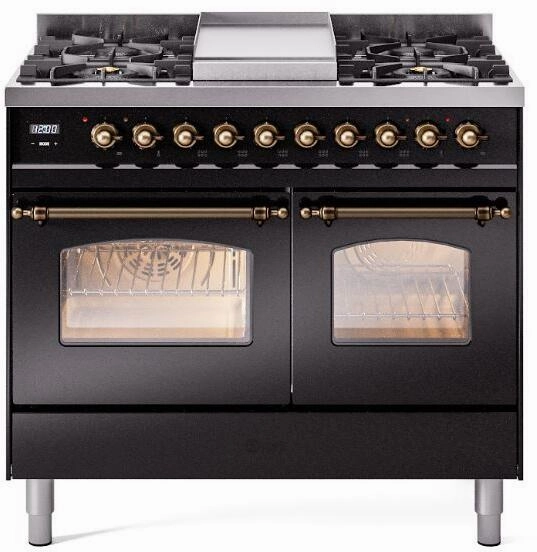 Ilve UPD40FNMPBKBLP Nostalgie Ii 40 Inch Dual Fuel Liquid Propane Freestanding Range In Glossy Black With Bronze Trim Freestanding Ranges freestanding dual fuel range 30 inch