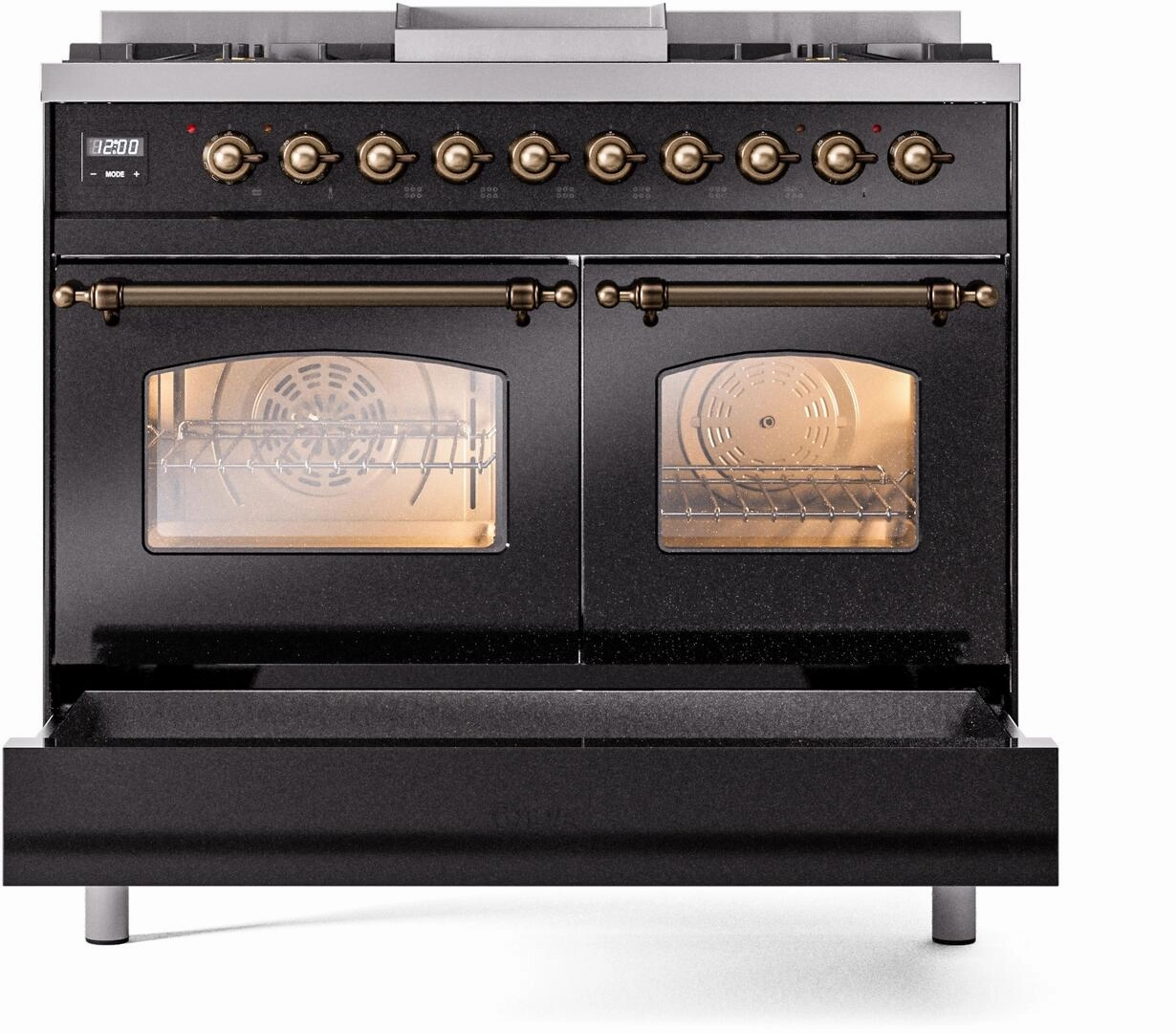 Ilve UPD40FNMPBKBLP Nostalgie Ii 40 Inch Dual Fuel Liquid Propane Freestanding Range In Glossy Black With Bronze Trim