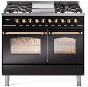 Ilve UPD40FNMPBKGLP Nostalgie Ii 40 Inch Dual Fuel Liquid Propane Freestanding Range In Glossy Black With Brass Trim Freestanding Ranges freestanding dual fuel range 30 inch
