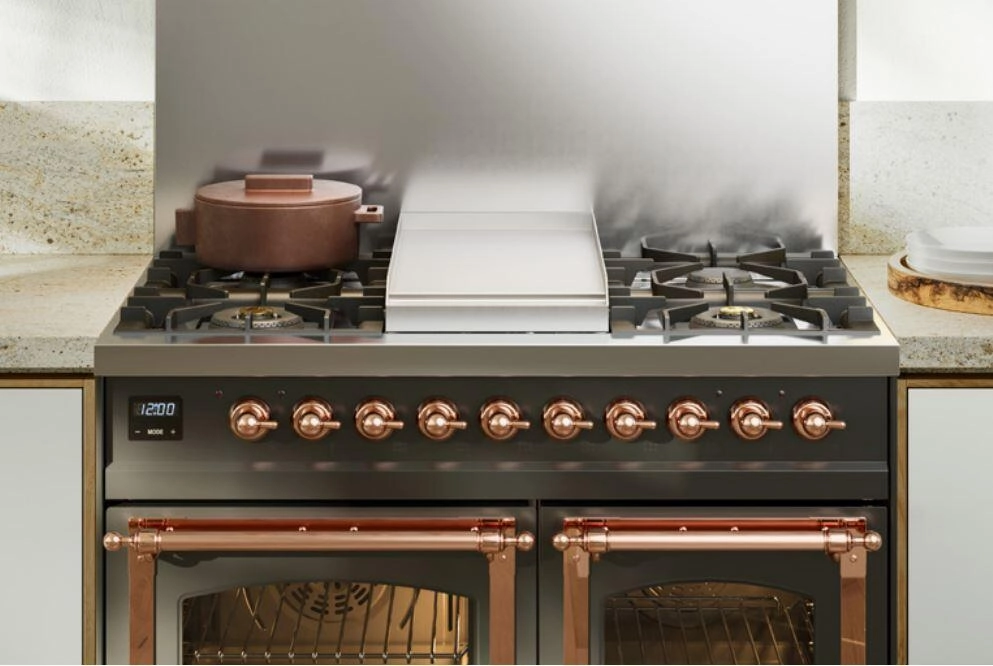 Ilve UPD40FNMPBKGLP Nostalgie Ii 40 Inch Dual Fuel Liquid Propane Freestanding Range In Glossy Black With Brass Trim
