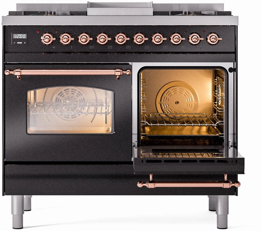 Ilve UPD40FNMPBKP Nostalgie Ii 40 Inch Dual Fuel Natural Gas Freestanding Range In Glossy Black With Copper Trim