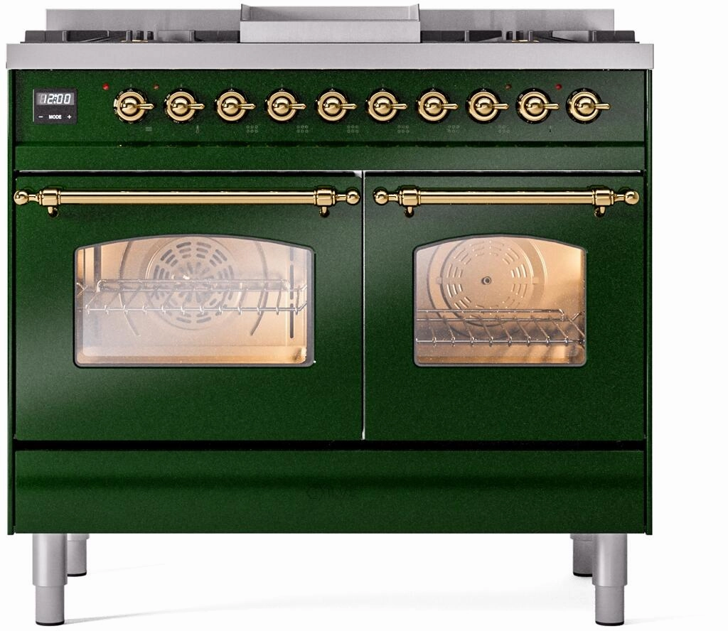 Ilve UPD40FNMPEGGLP Nostalgie Ii 40 Inch Dual Fuel Liquid Propane Freestanding Range In Emerald Green With Brass Trim