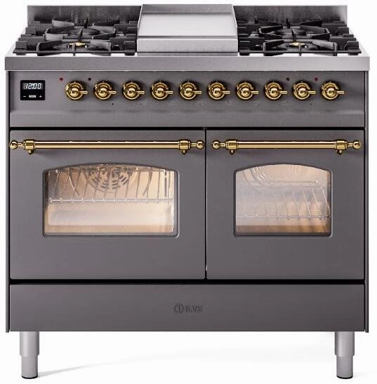 Ilve UPD40FNMPMGG Nostalgie Ii 40 Inch Dual Fuel Natural Gas Freestanding Range In Matte Graphite With Brass Trim Freestanding Ranges freestanding dual fuel range 30 inch