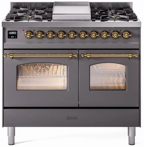 Ilve UPD40FNMPMGG Nostalgie Ii 40 Inch Dual Fuel Natural Gas Freestanding Range In Matte Graphite With Brass Trim Freestanding Ranges freestanding dual fuel range 30 inch