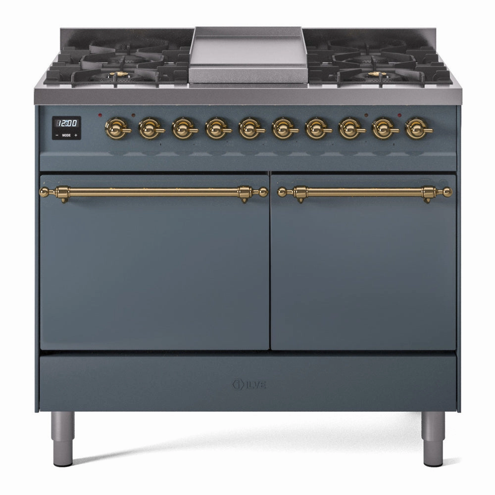 Ilve UPD40FQNMPBGG Nostalgie Ii 40 Inch Dual Fuel Natural Gas Freestanding Range In Blue Grey With Brass Trim Freestanding Ranges freestanding dual fuel range 30 inch