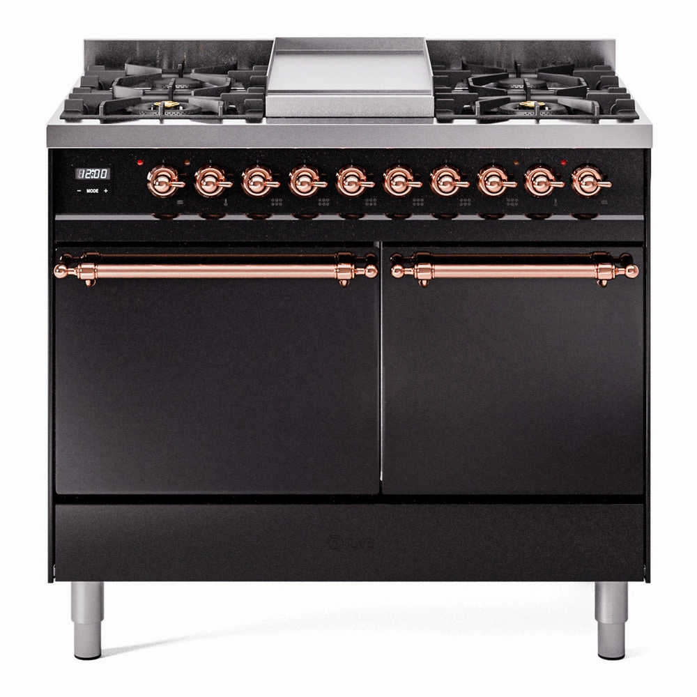 Ilve UPD40FQNMPBKP Nostalgie Ii 40 Inch Dual Fuel Natural Gas Freestanding Range In Glossy Black With Copper Trim Freestanding Ranges freestanding dual fuel range 30 inch
