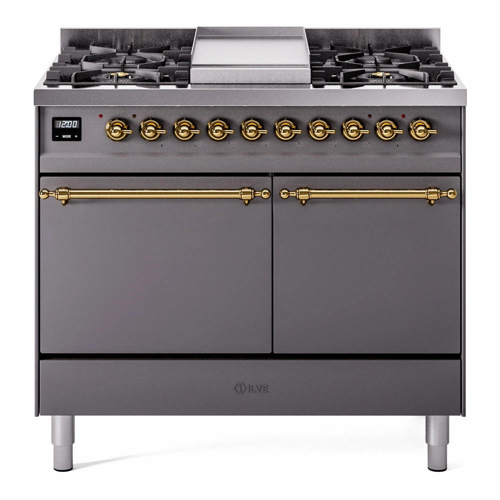 Ilve UPD40FQNMPMGG Nostalgie Ii 40 Inch Dual Fuel Natural Gas Freestanding Range In Matte Graphite With Brass Trim Freestanding Ranges freestanding dual fuel range 30 inch