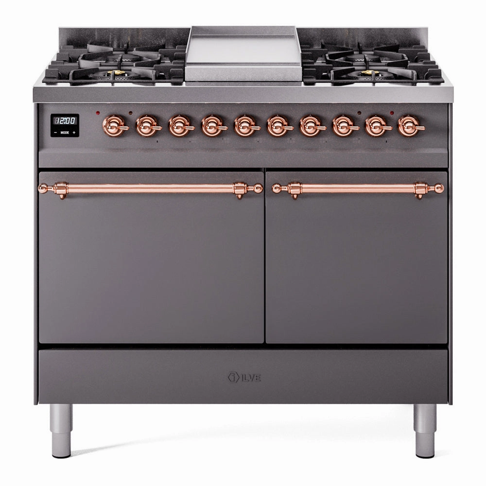 Ilve UPD40FQNMPMGP Nostalgie Ii 40 Inch Dual Fuel Natural Gas Freestanding Range In Matte Graphite With Copper Trim Freestanding Ranges freestanding dual fuel range 30 inch