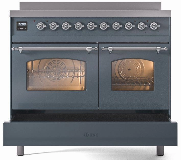 Ilve UPDI406NMPBGC Nostalgie Ii 40 Inch Electric Freestanding Range In Blue Grey With Chrome Trim
