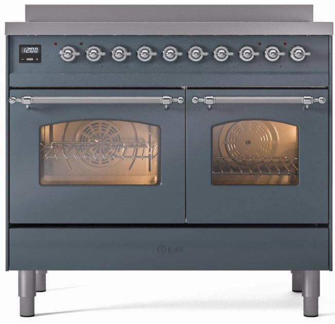 Ilve UPDI406NMPBGC Nostalgie Ii 40 Inch Electric Freestanding Range In Blue Grey With Chrome Trim