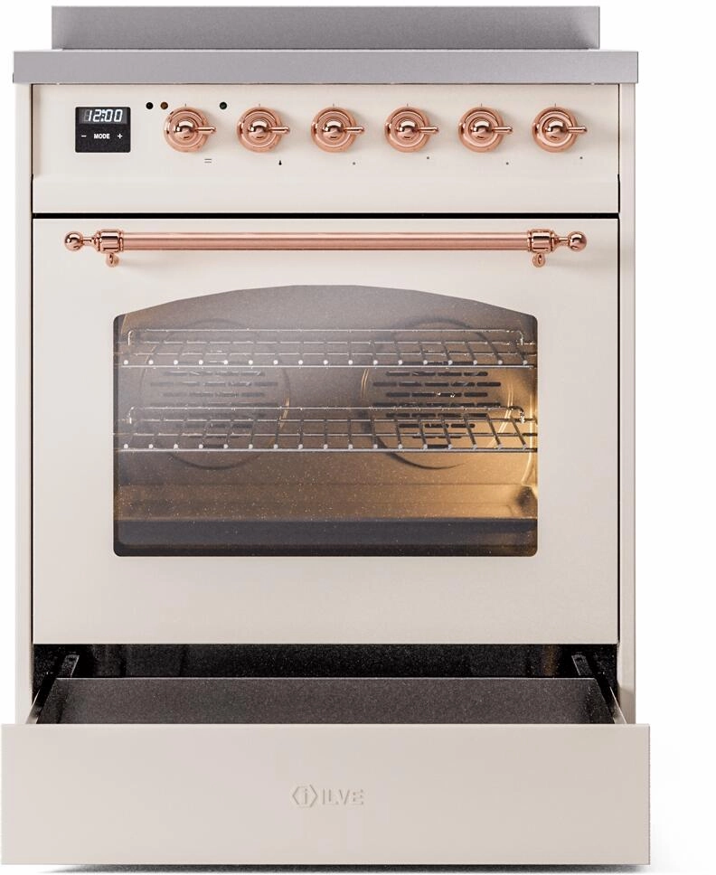 Ilve UPI304NMPAWP Nostalgie Ii 30 Inch Electric Freestanding Range In Antique White With Copper Trim