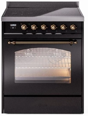 Ilve UPI304NMPBKB Nostalgie Ii 30 Inch Electric Freestanding Range In Glossy Black With Bronze Trim Freestanding Ranges freestanding dual fuel range 30 inch